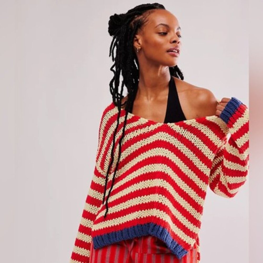 Free People Red and Cream Striped V-Neck Crochet Sweater with Blue Trim